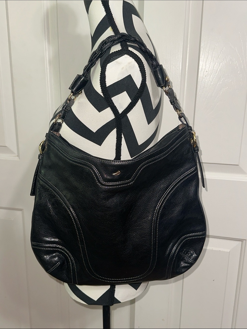 Tusk Braided Handle Black Leather Hobo Bag